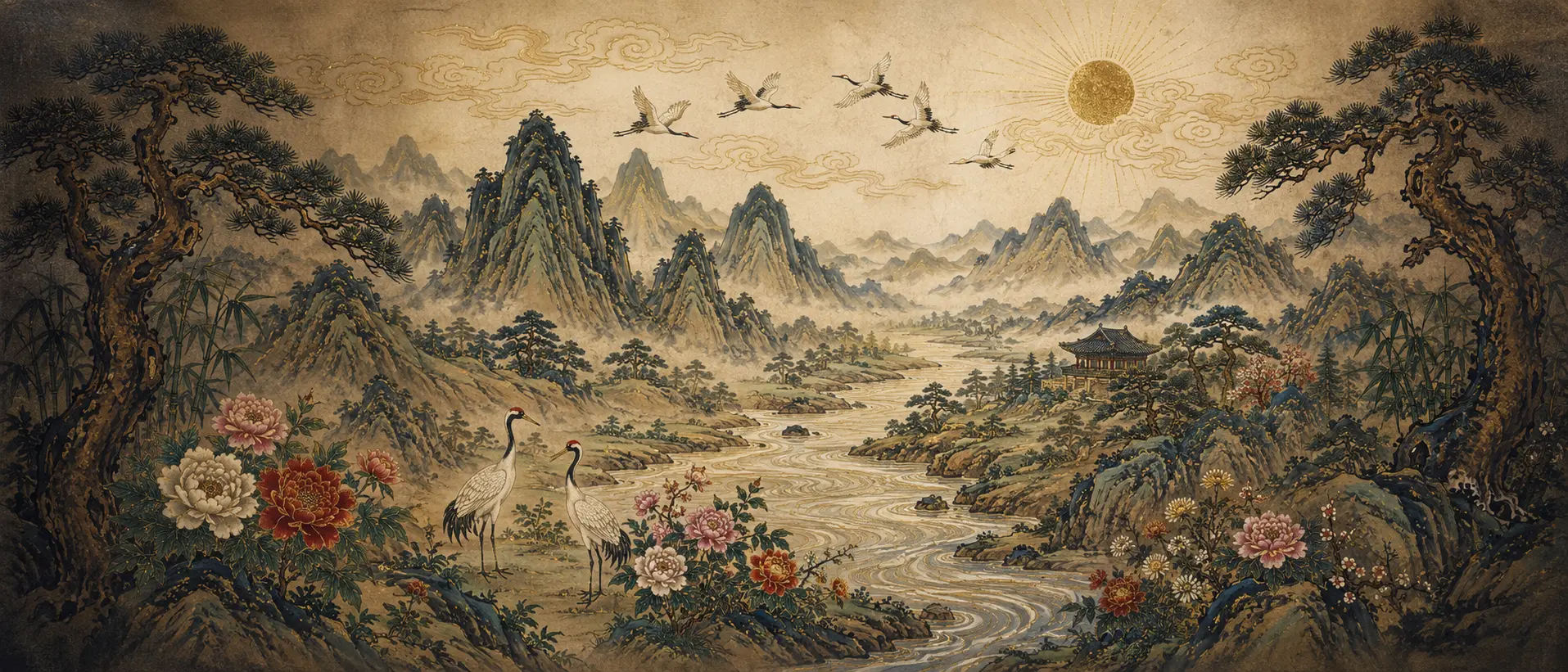 Painted Korean mountain valley with pavilion and cranes