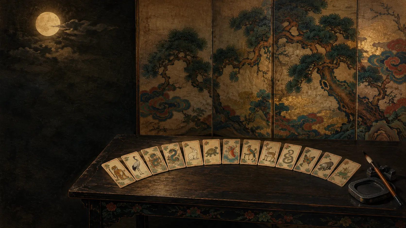 Korean lacquer table with wrapped gifts and ritual objects