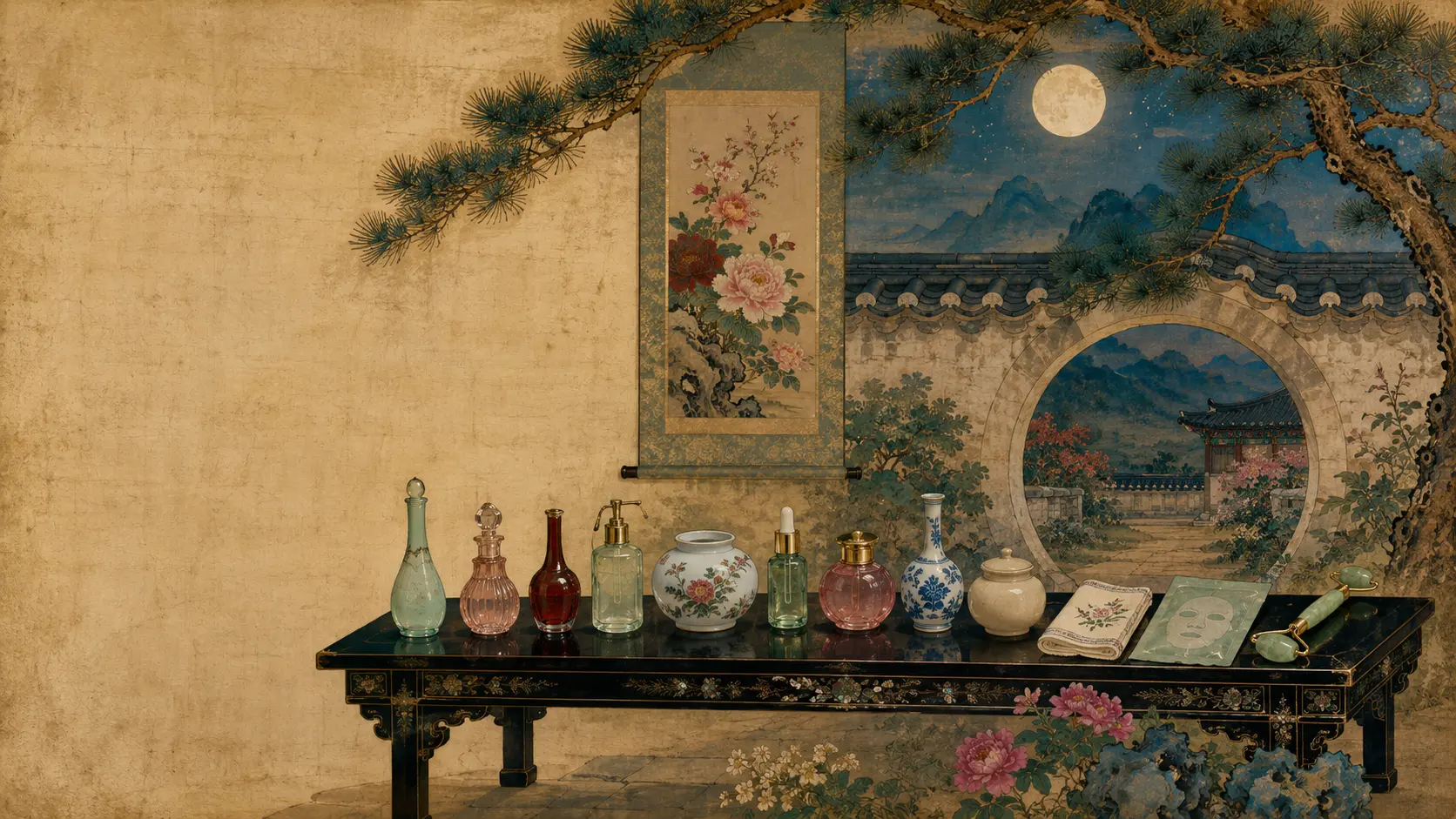 Moonlit Korean ritual table with vessels and painted garden