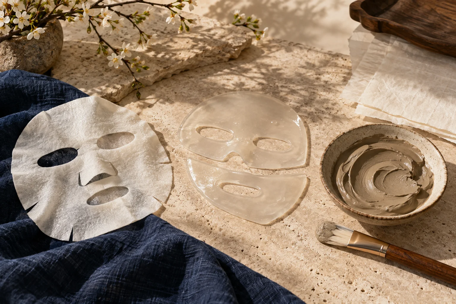 Sheet and gel mask formats with a ceramic clay dish on warm stone