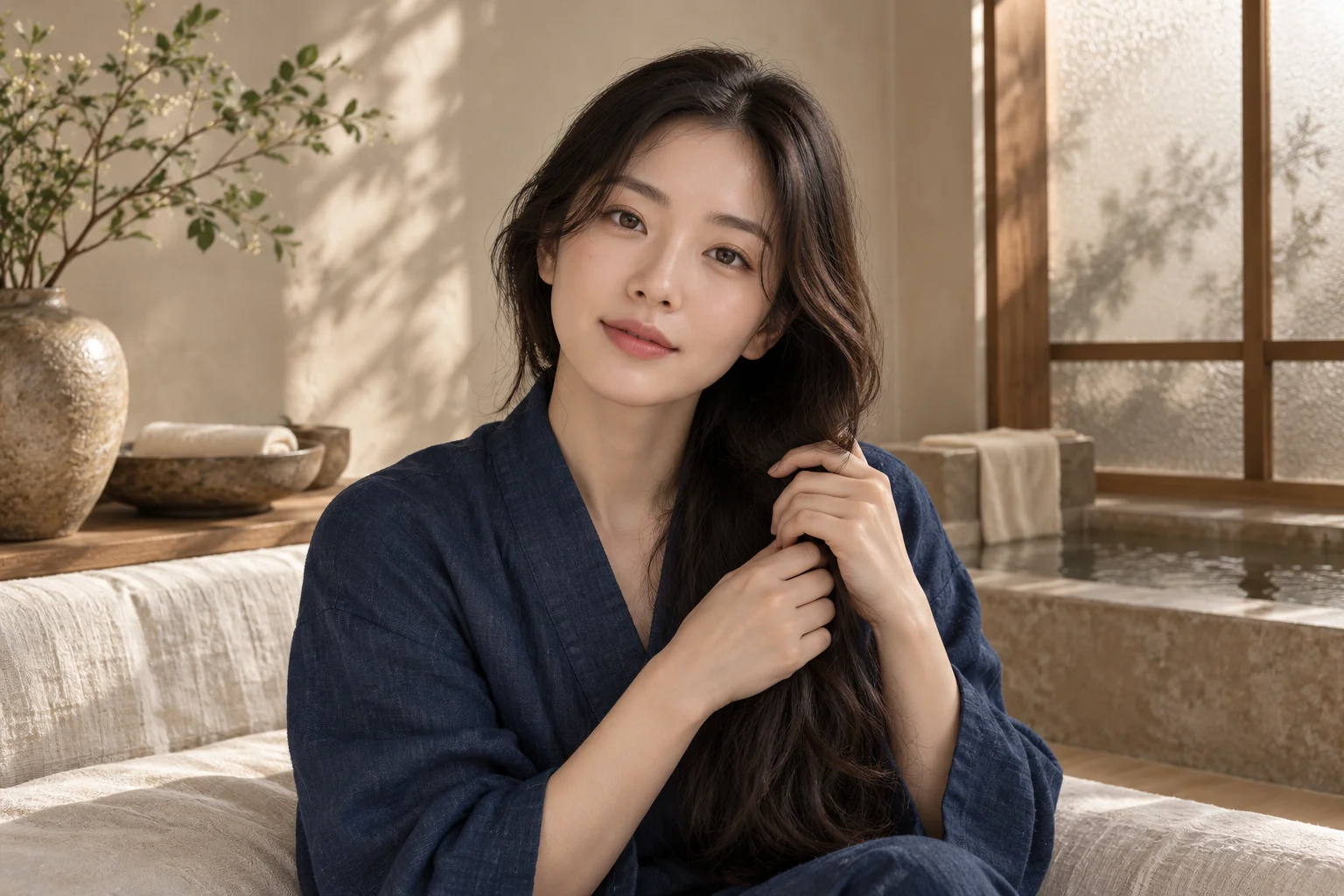 A woman with long dark hair in a quiet Korean spa setting