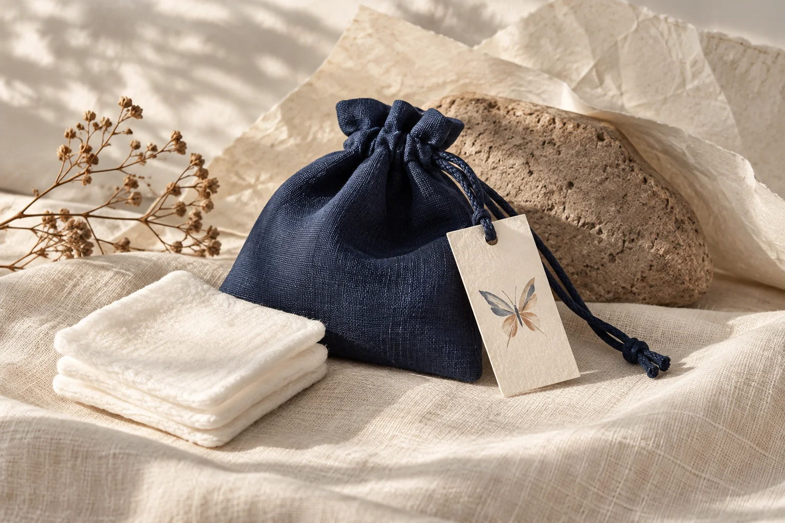 Indigo textile and a butterfly paper motif on ivory linen
