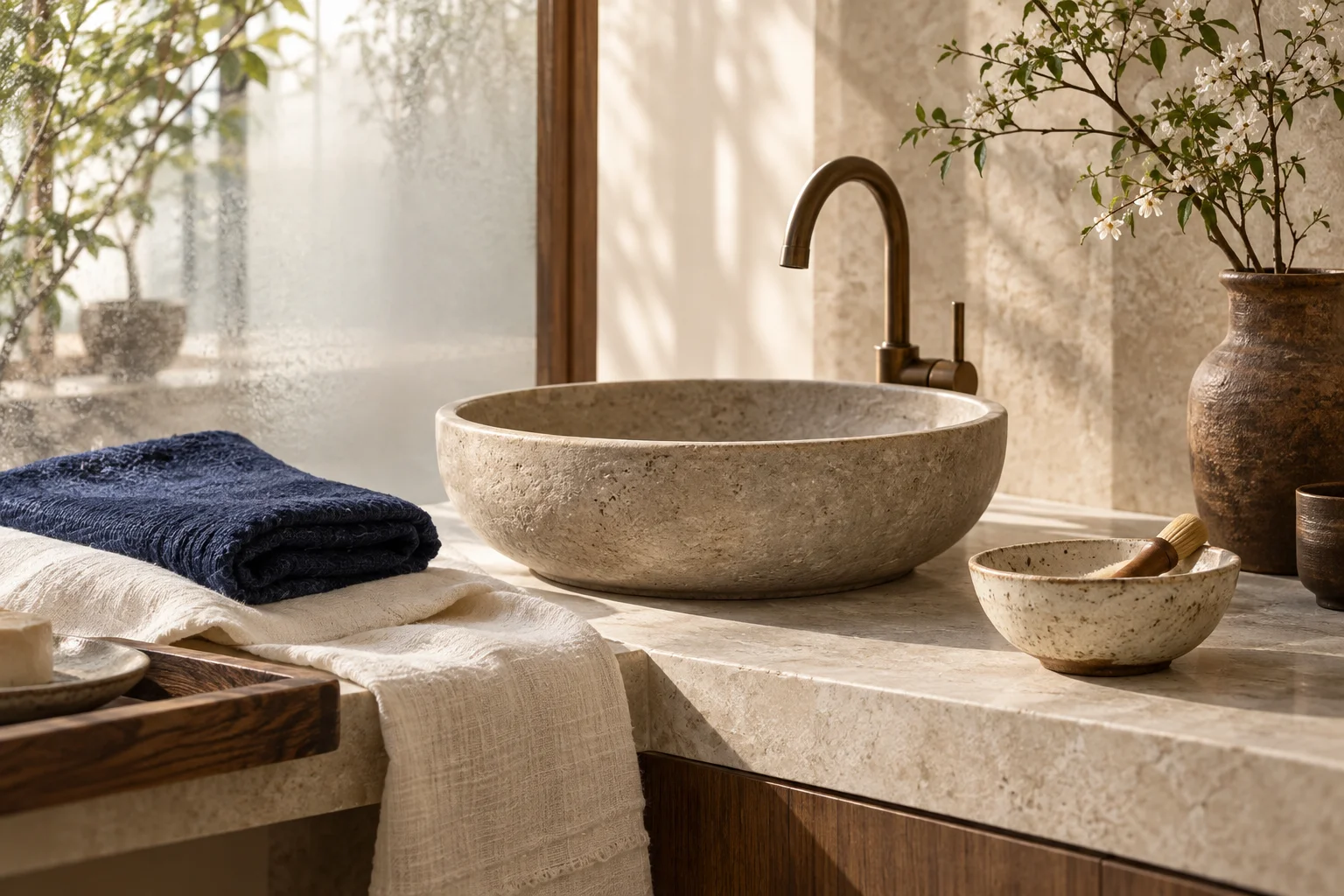 A warm stone washstand with ivory linen and an indigo towel