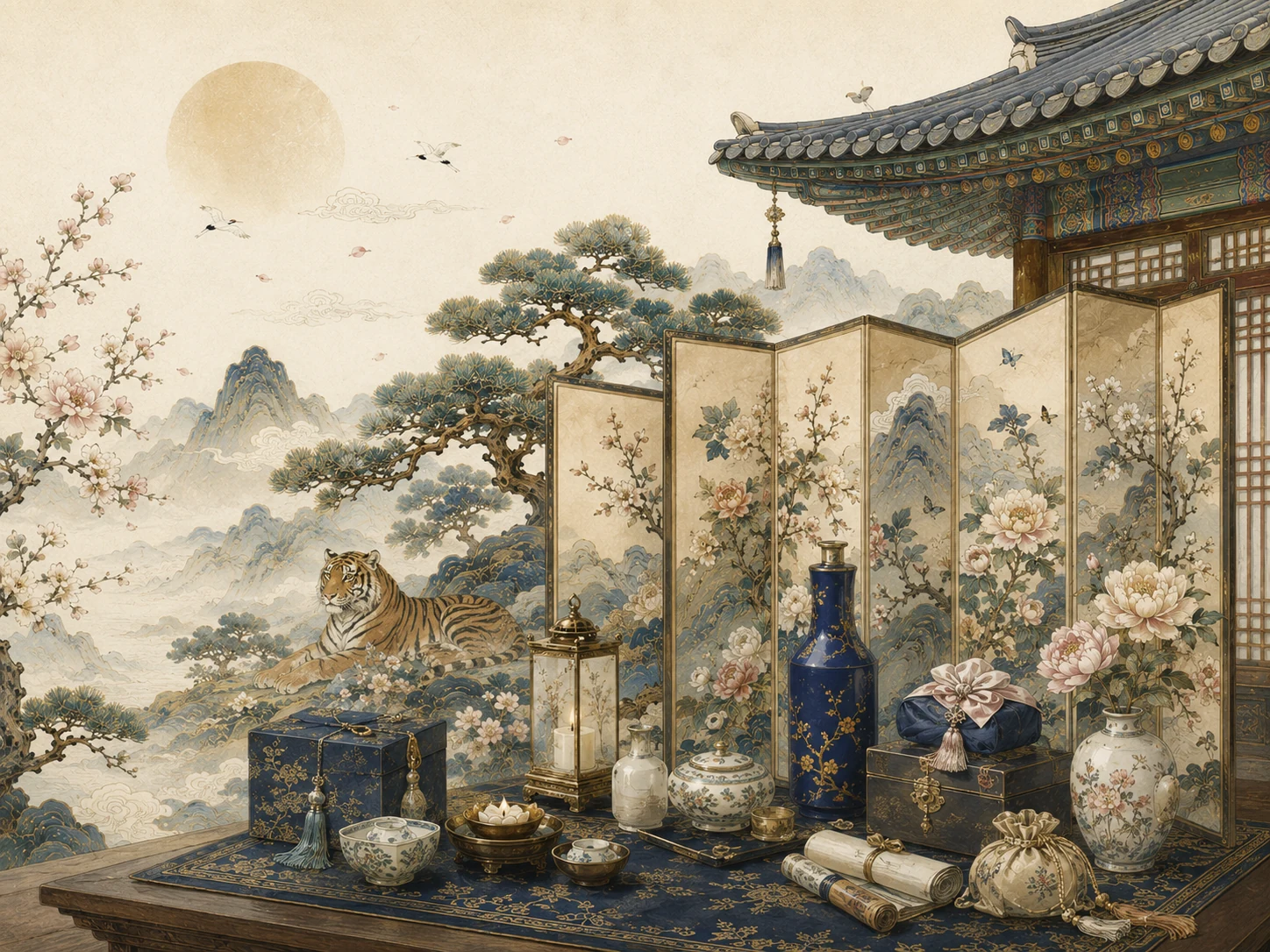 Korean pavilion, painted screen, porcelain, lacquer and wrapped gifts