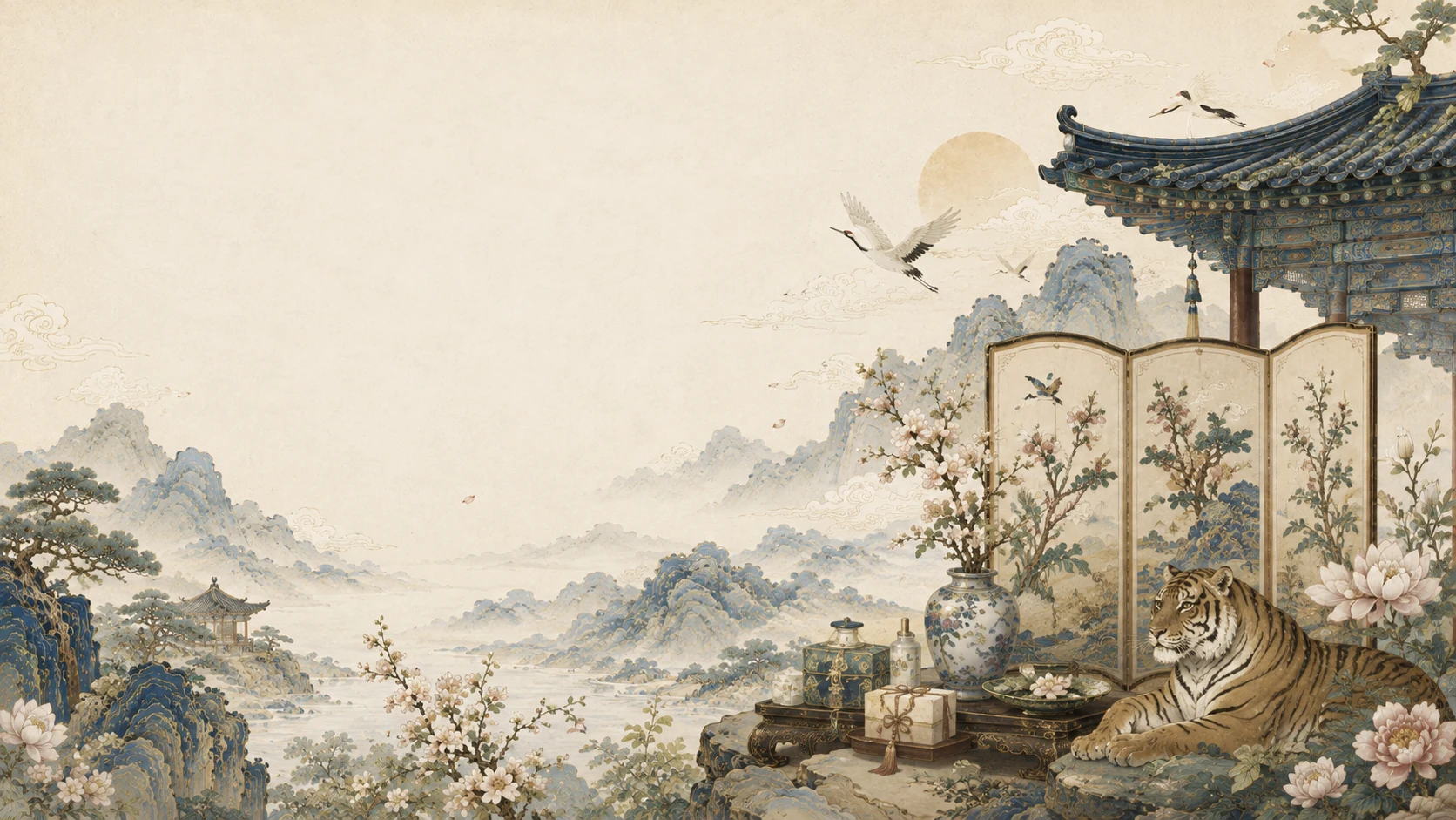 Korean mountain landscape, pavilion, painted screen and ritual objects