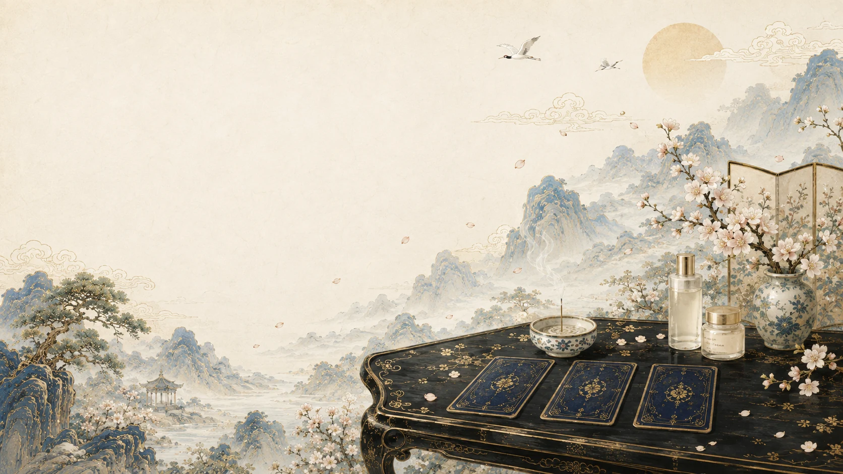 Minhwa moonlit garden at night, plum blossom over still water