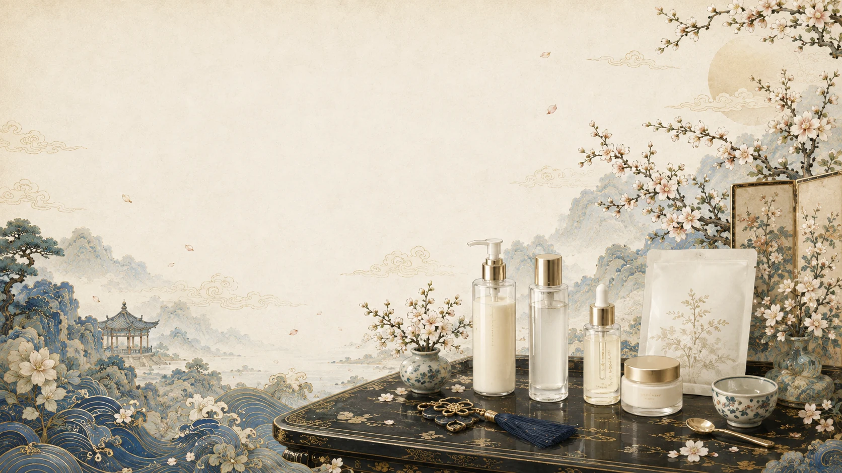 Korean ritual table with skincare vessels, moon gate and peonies