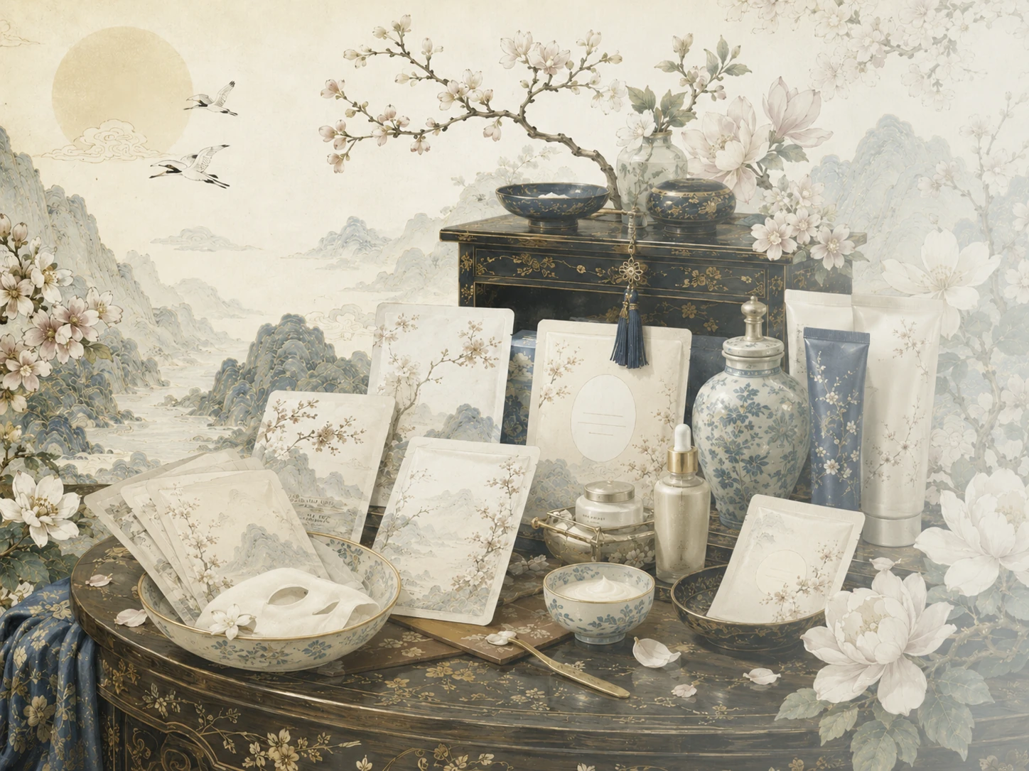 Elegant Korean-inspired beauty cabinet with mask packets, porcelain, blossoms and lacquerware