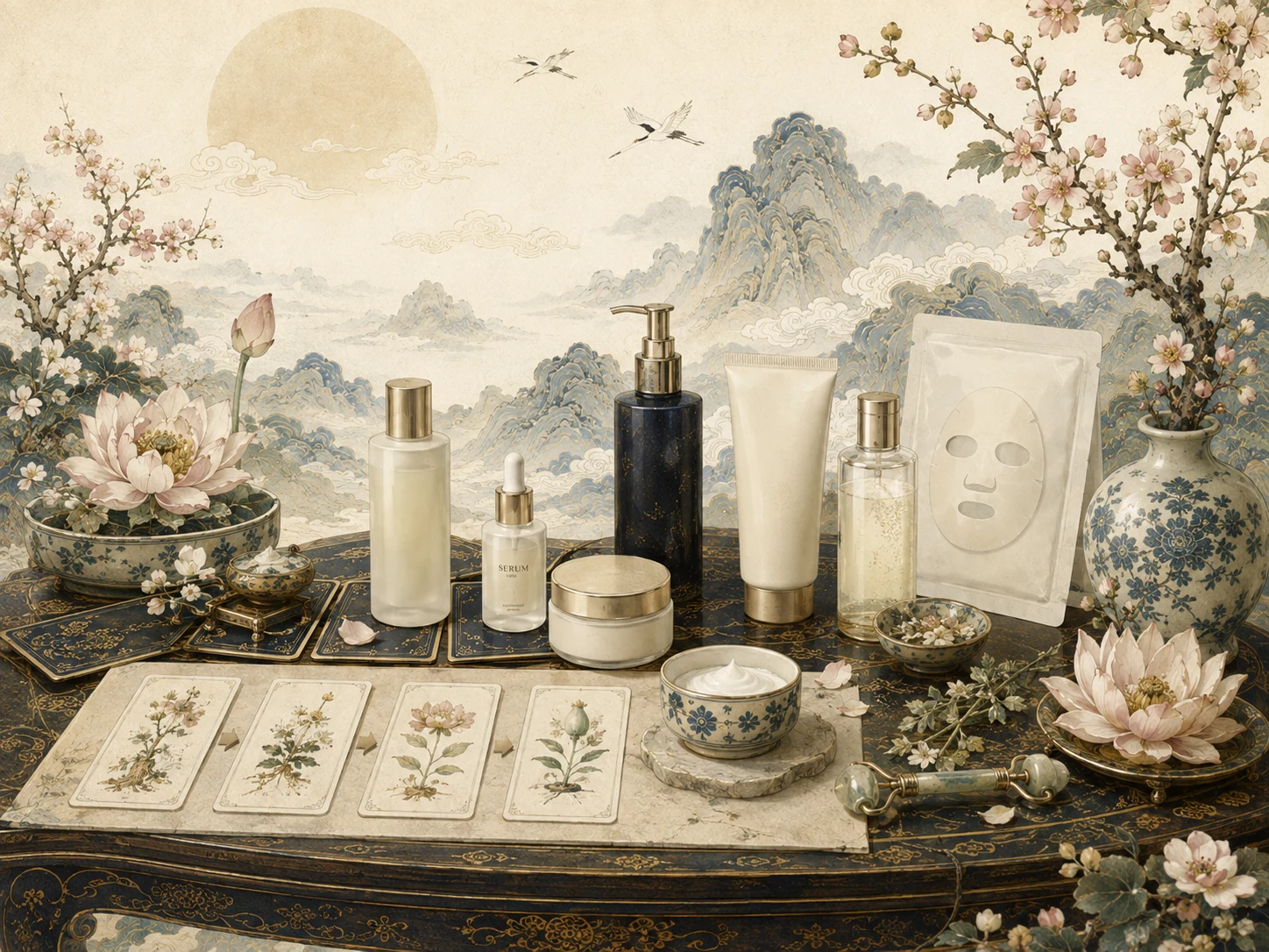 Minhwa still life of Korean beauty vessels, porcelain and lacquer