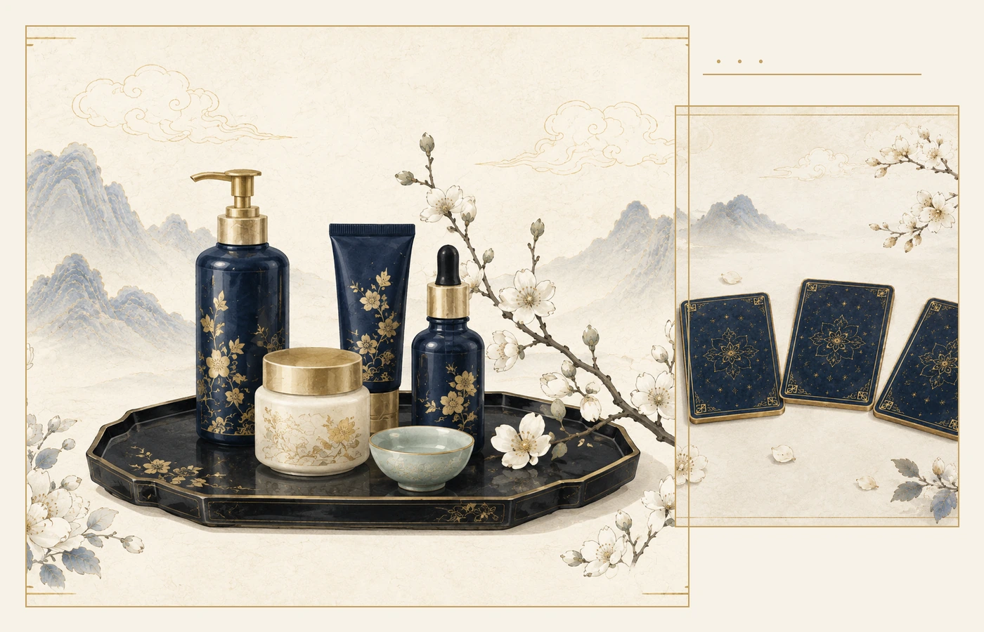 Korean-inspired service still life with ritual vessels, cards and mountain scenery
