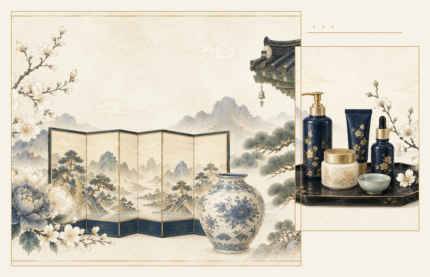 Korean-inspired editorial arrangement of porcelain, ritual objects, painted screens and mountain scenery