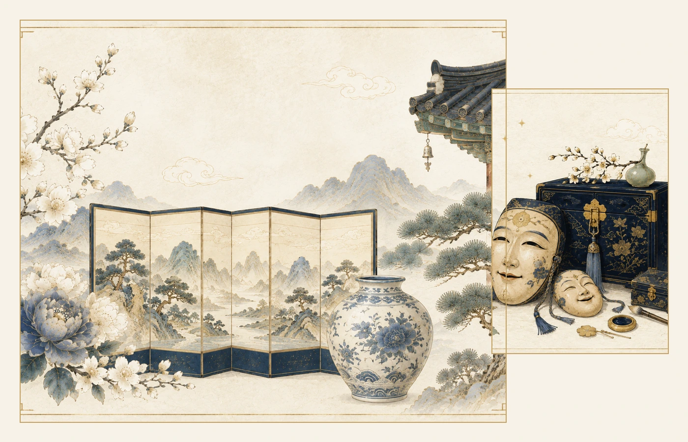 Painted screen, porcelain and curated objects against a Korean mountain landscape