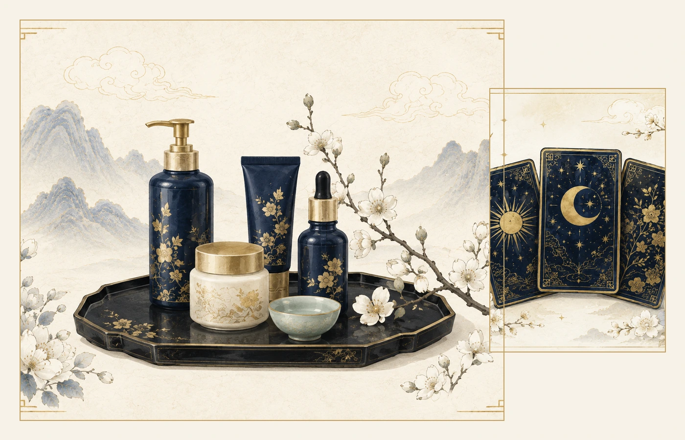 Editorial selection of skincare vessels, ritual cards and Korean-inspired objects