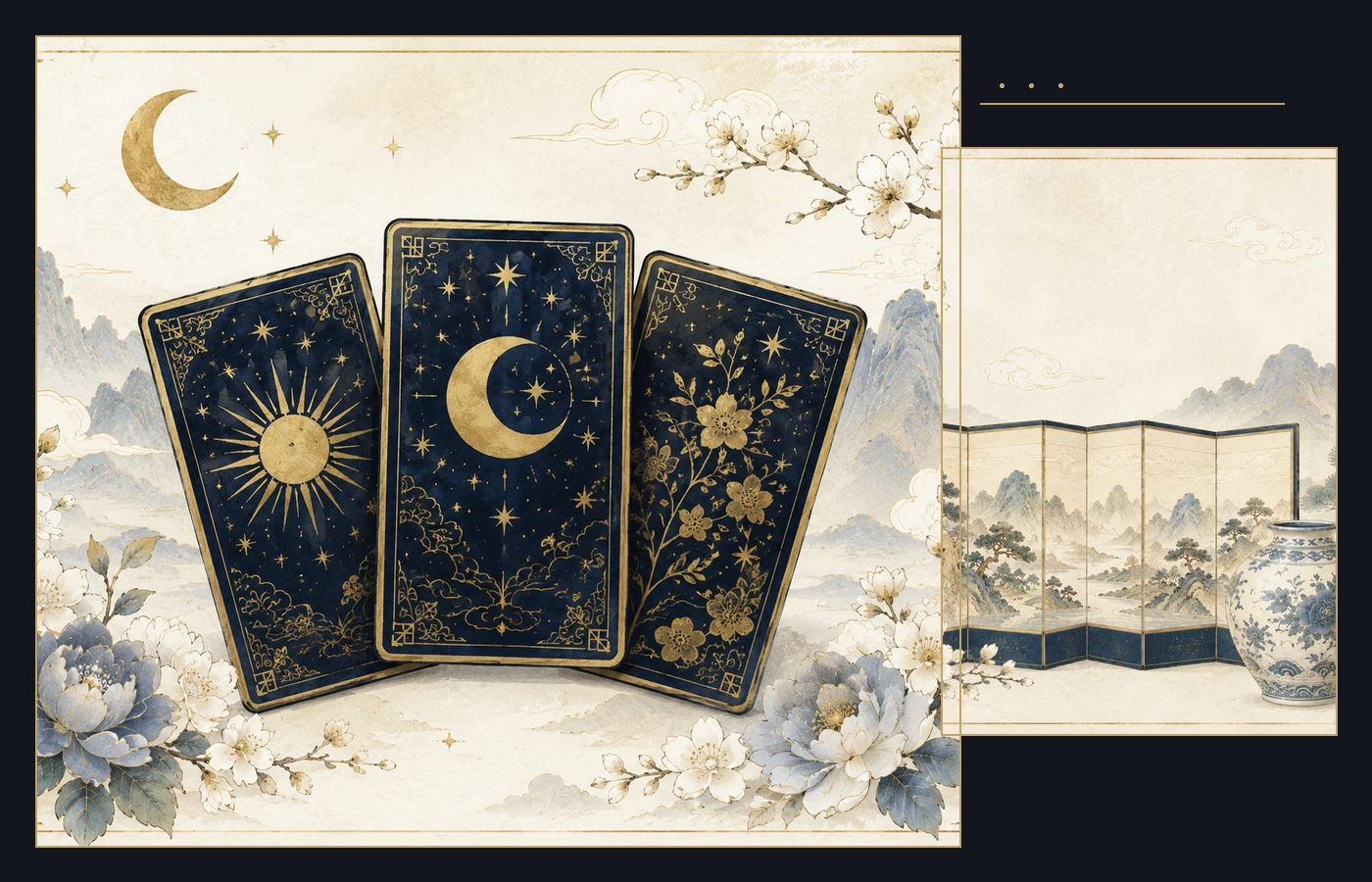 Korean-inspired editorial arrangement of ritual cards, painted screens and porcelain