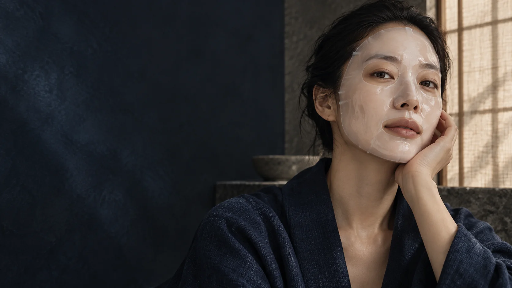 Woman wearing a translucent mask in an indigo and stone Korean spa setting