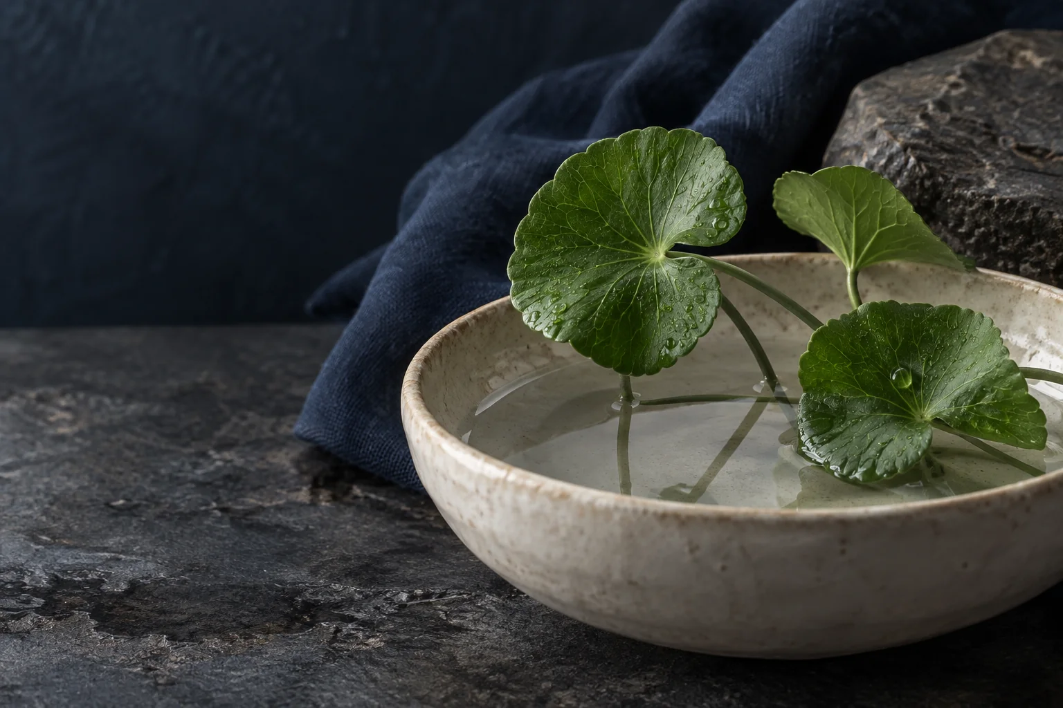 Centella leaves, water and ceramic in soft light
