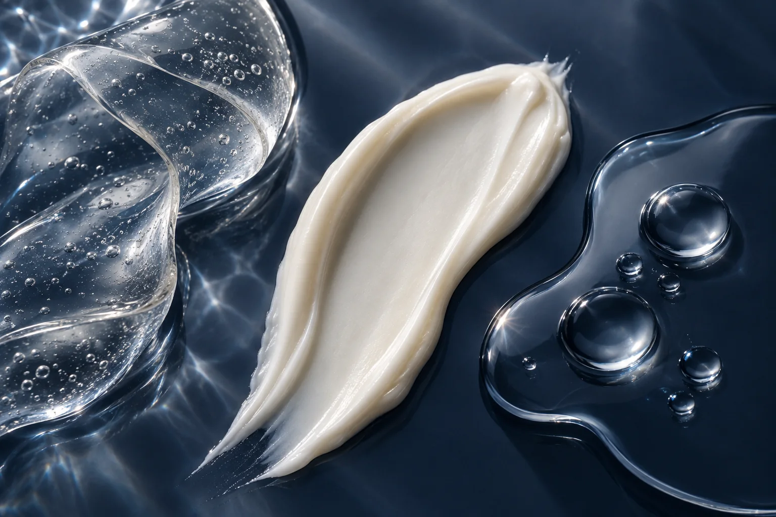 Macro study of skincare textures on indigo glass