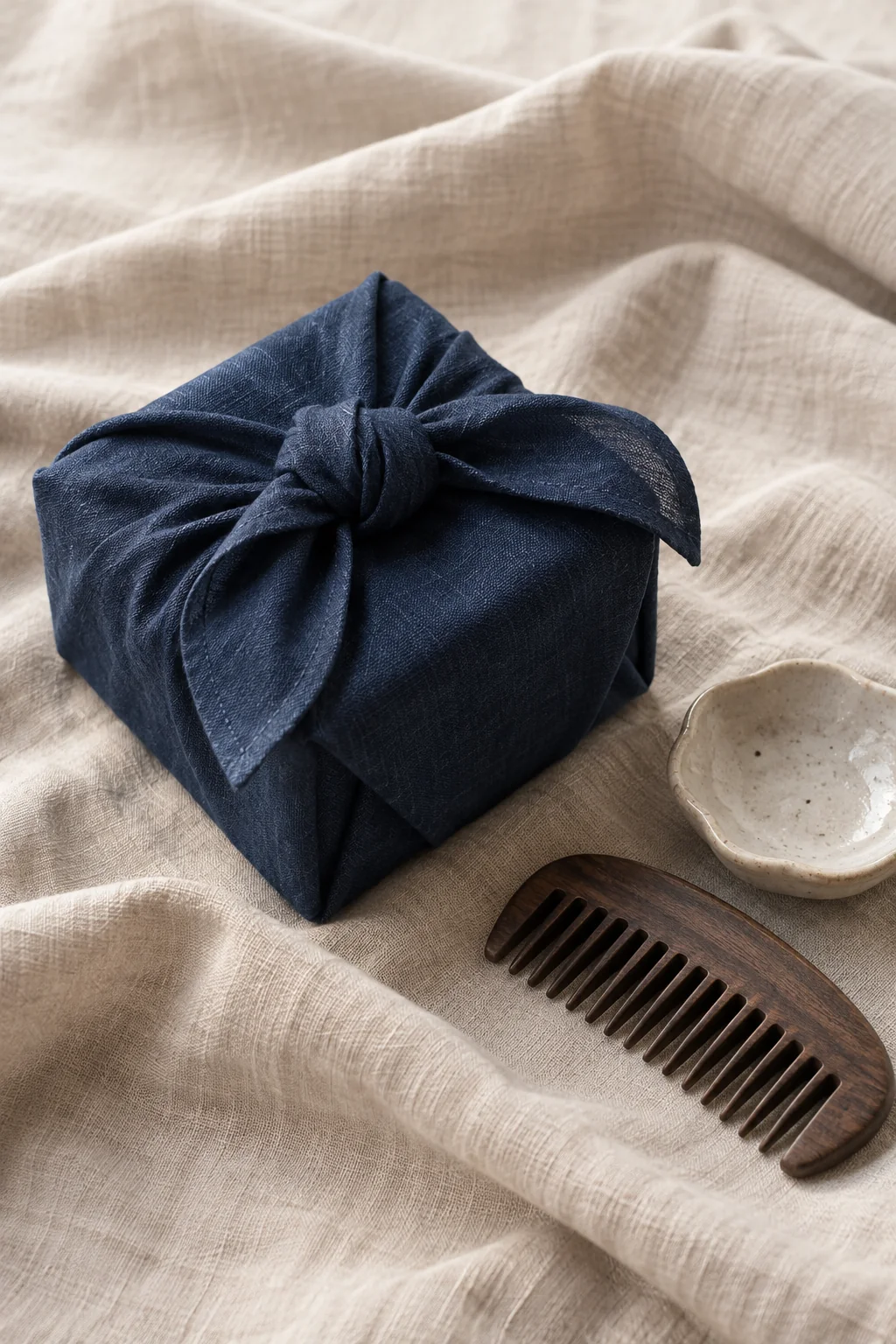 Indigo Korean gift wrapping, a wooden comb and a handmade ceramic dish