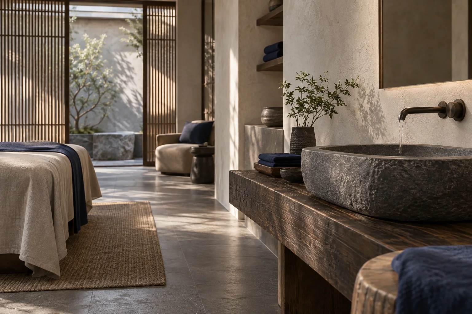 Contemporary Korean spa with dark wood, stone and indigo towels