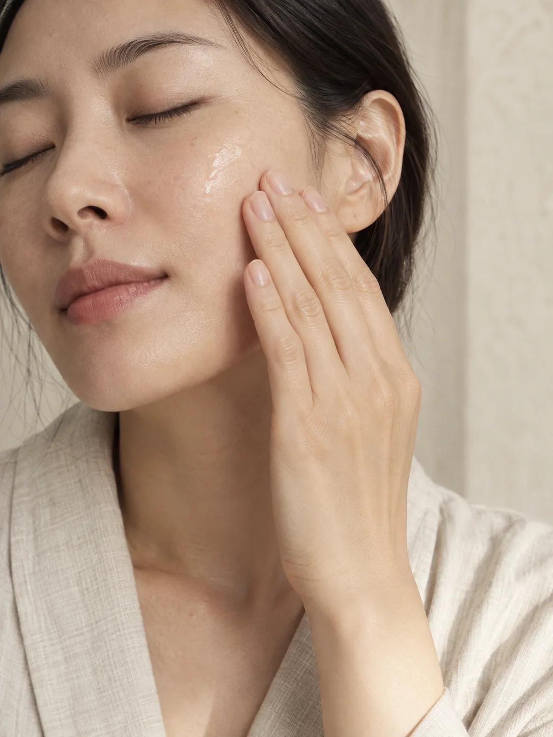 Skincare pressed gently into a woman's cheek
