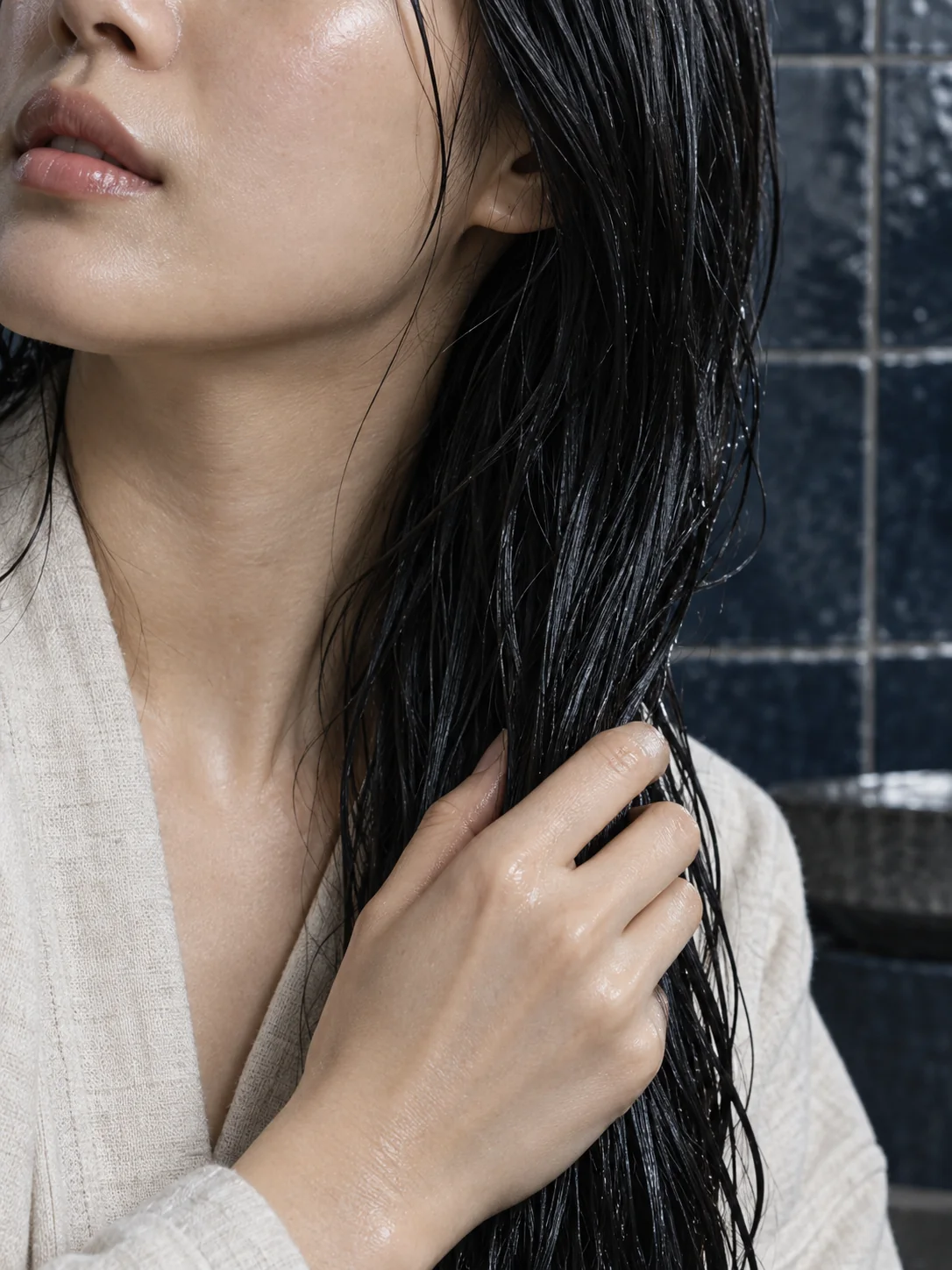 Glossy dark hair in a quiet wash-day moment