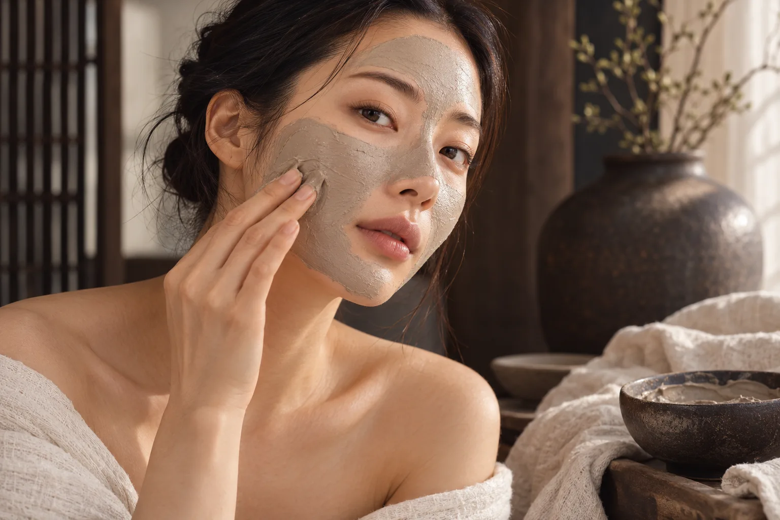 Clay mask applied during a Korean spa ritual